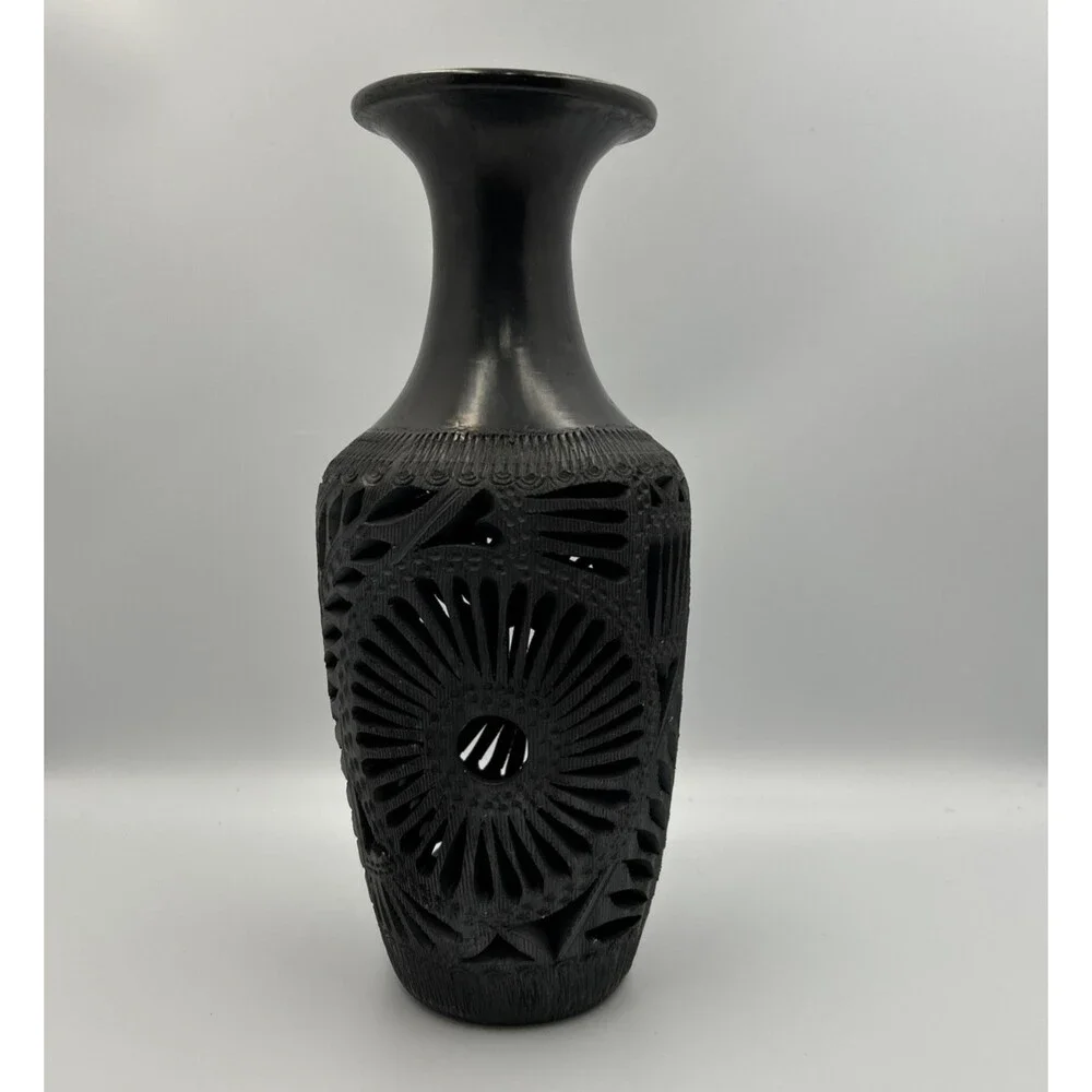 Vintage Black Clay Vase Hand Carved Pierced Floral Folk Art Pottery 12